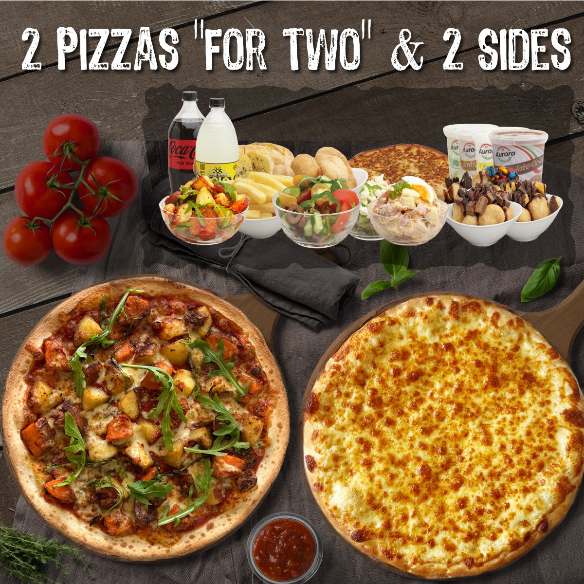 Pizza Feast for Four! 2 "For Two" Pizzas + 2 Sides Zonnies Pizza